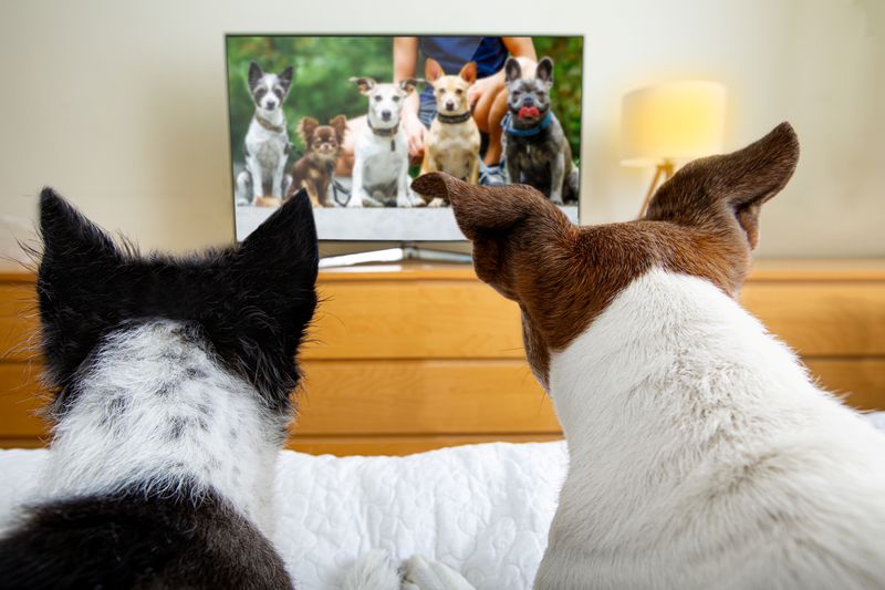 two dogs watching television