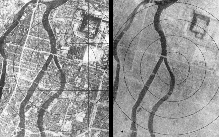 Two aerial photos looking down on the same part of the city before and after the explosion. The photo on the left shows a grid network of densely populated city buildings surrounding a forking river. In the next shot the grid system of the roads is just about visible but the buildings are missing. Two aerial photos looking down on the same part of the city before and after the explosion. The photo on the left shows a grid network of densely populated city buildings surrounding a forking river. In the next shot the grid system of the roads is just about visible but the buildings are missing.